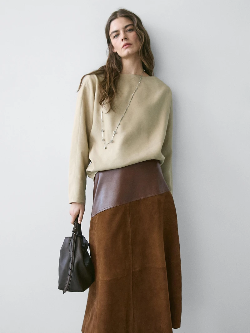 Suede nappa leather skirt with asymmetric yoke