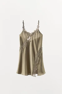 SATIN EFFECT LACE MINI DRESS