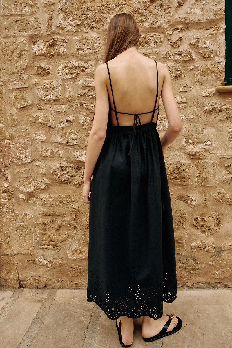 EMBROIDERED EYELET MIDI DRESS