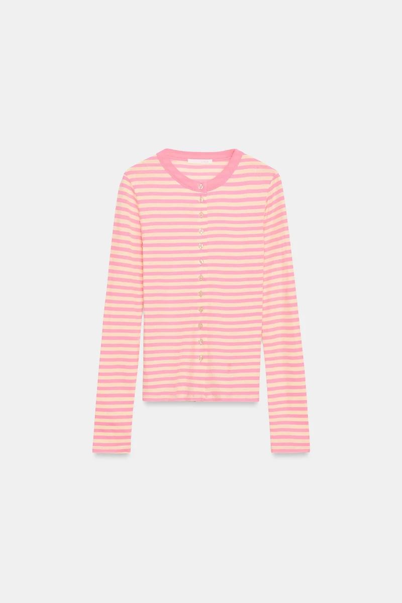STRIPED BUTTON-UP T-SHIRT