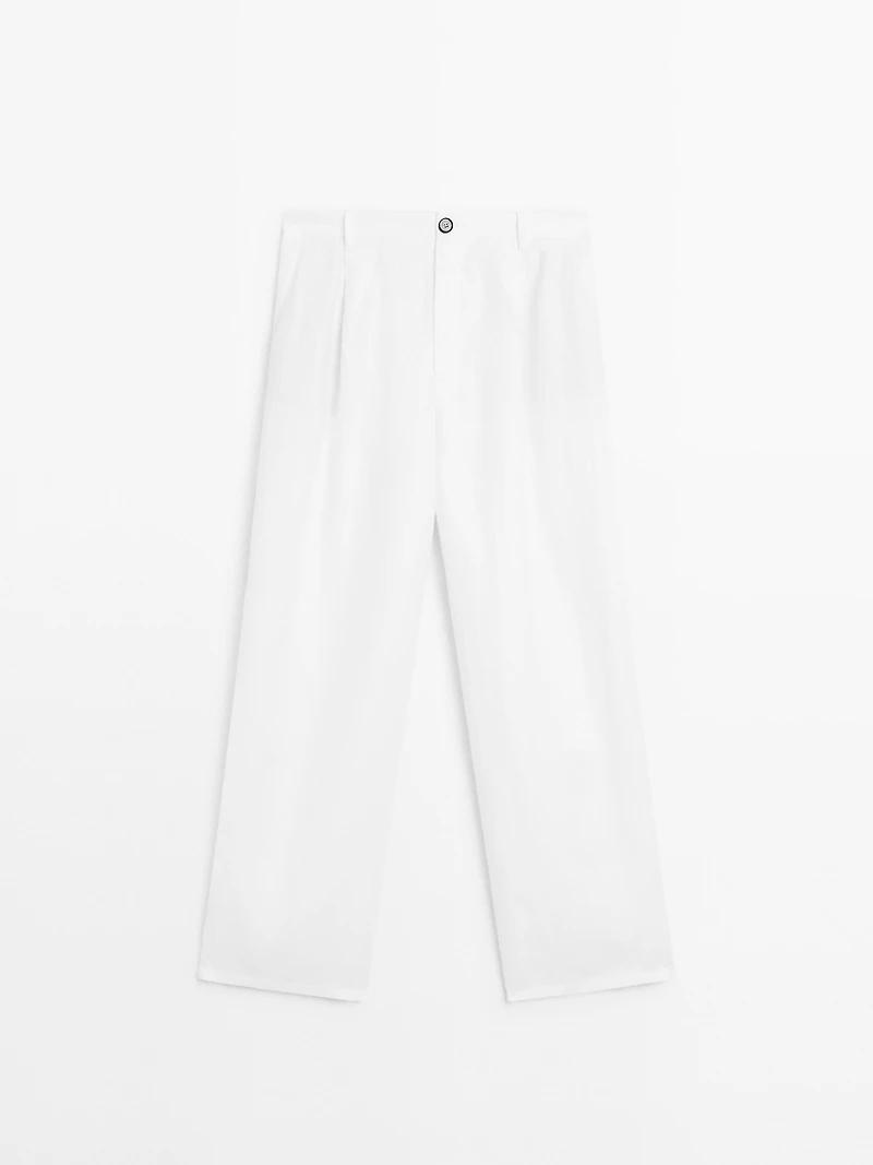 100% linen wide-leg mid-rise trousers