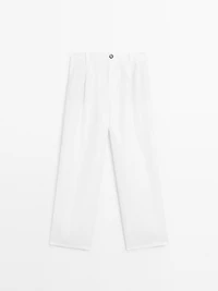 100% linen wide-leg mid-rise trousers