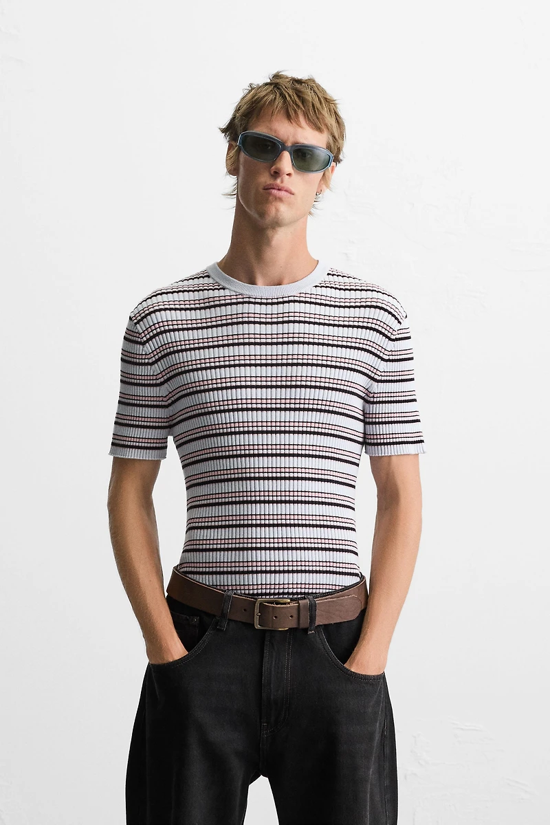 STRIPED RIBBED KNIT T-SHIRT