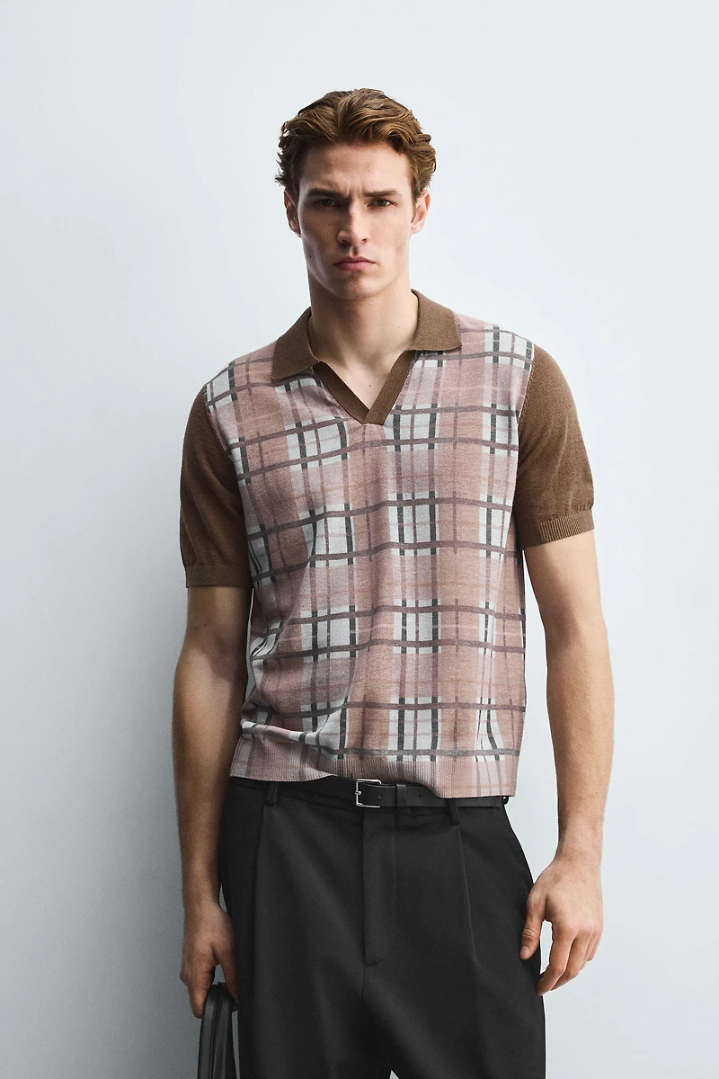 CHECKERED PRINT KNIT POLO SHIRT