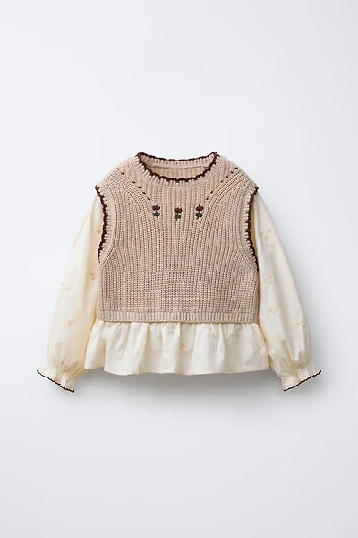 EMBROIDERED FLOWER SHIRT WITH KNIT VEST