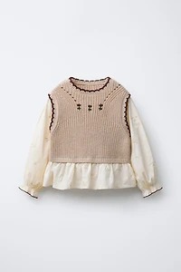 EMBROIDERED FLOWER SHIRT WITH KNIT VEST