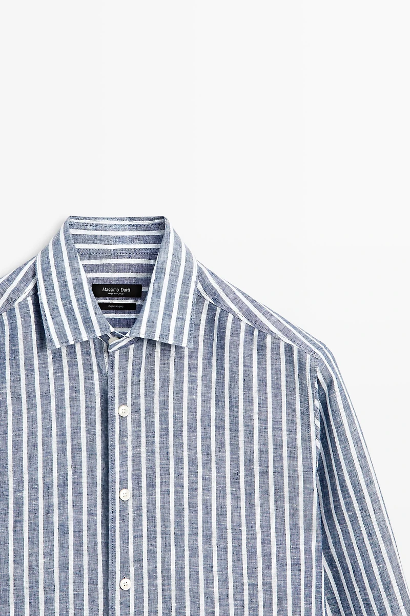 Regular fit striped 100% linen shirt