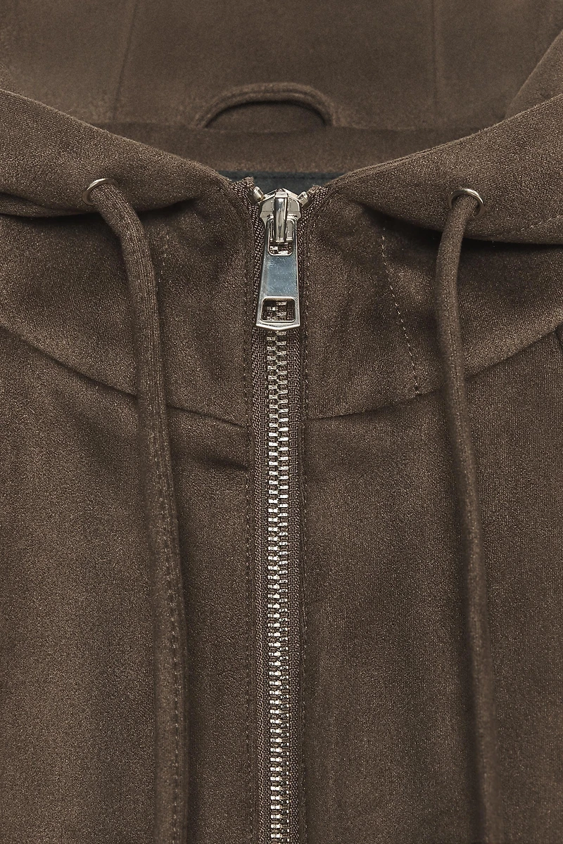FAUX SUEDE HOODED BOMBER JACKET