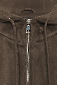 FAUX SUEDE HOODED BOMBER JACKET