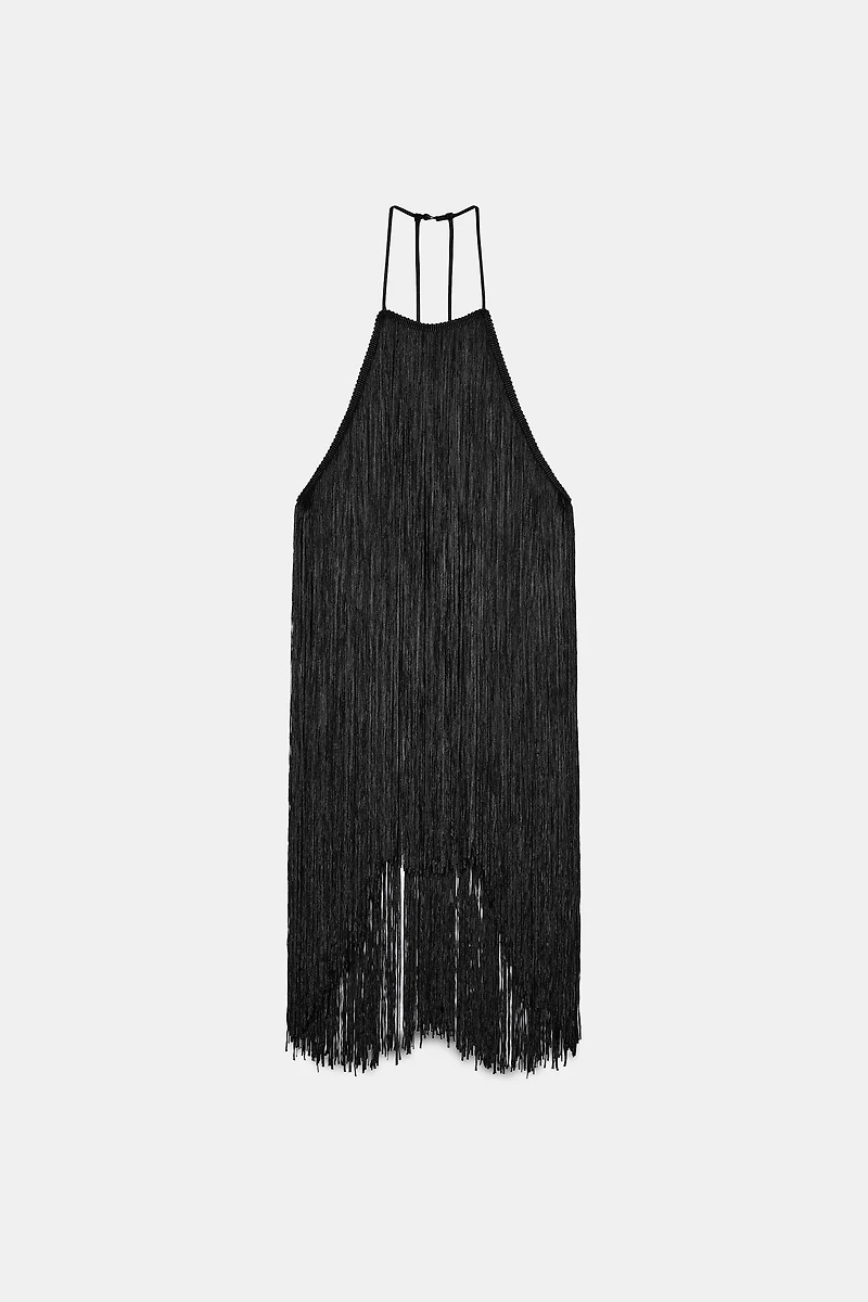 FRINGED VELVET HALTER TOP