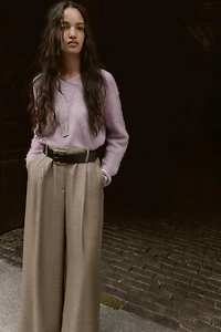 BELTED SATIN WIDE LEG PANTS