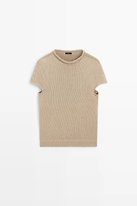 Cotton blend short sleeve roll neck sweater