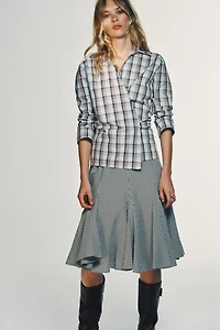 GINGHAM GODET MIDI SKIRT