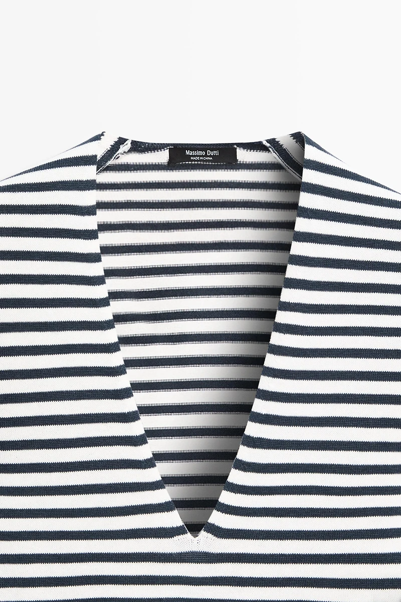 Striped V-neck knit sweater