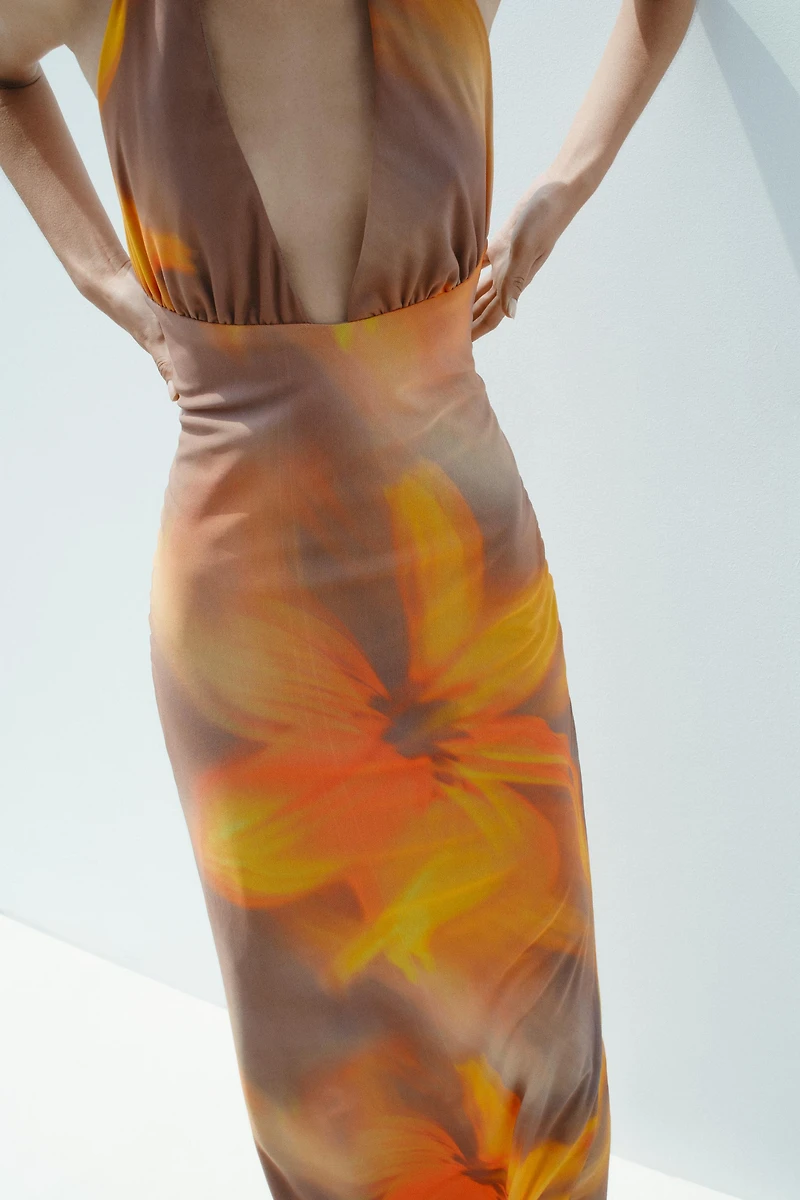 PRINTED TULLE MIDI HALTER DRESS