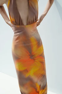 PRINTED TULLE MIDI HALTER DRESS
