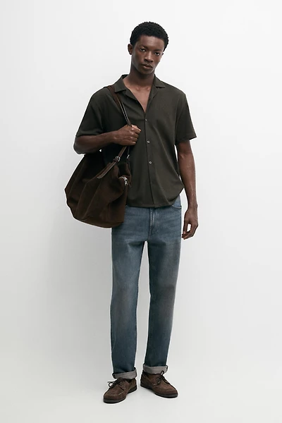 Regular fit short sleeve linen-cotton blend shirt