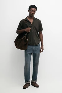 Regular fit short sleeve linen-cotton blend shirt