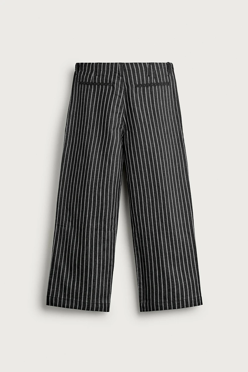 STRIPED COTTON-LINEN DENIM PANTS
