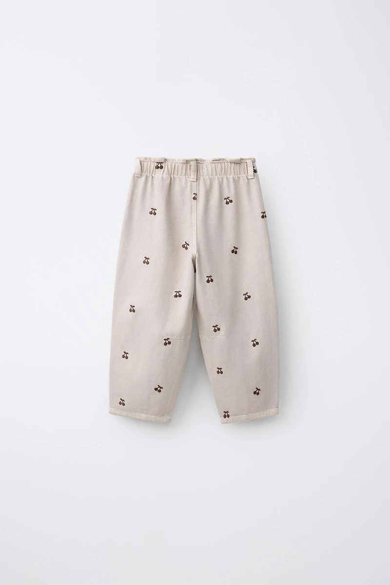 EMBROIDERED CHERRY BAGGY TWILL PANTS