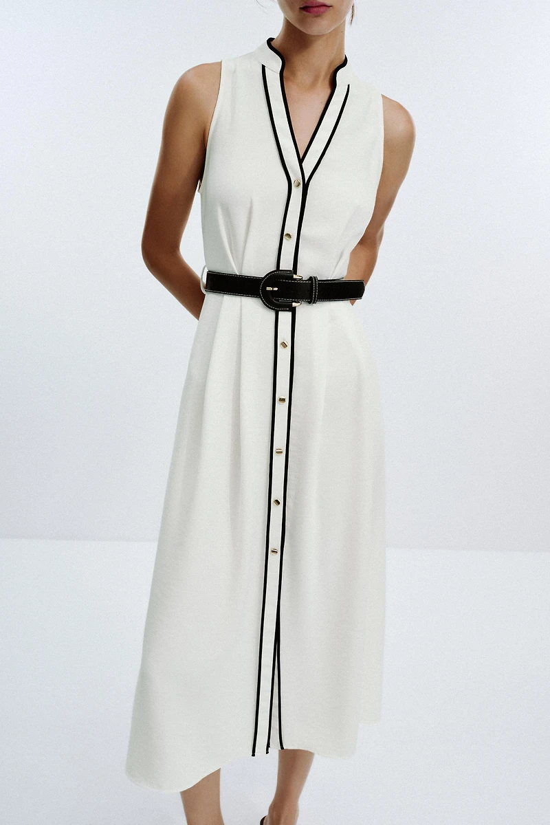 BELTED CONTRAST TRIM MIDI DRESS