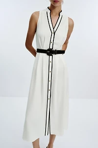 BELTED CONTRAST TRIM MIDI DRESS