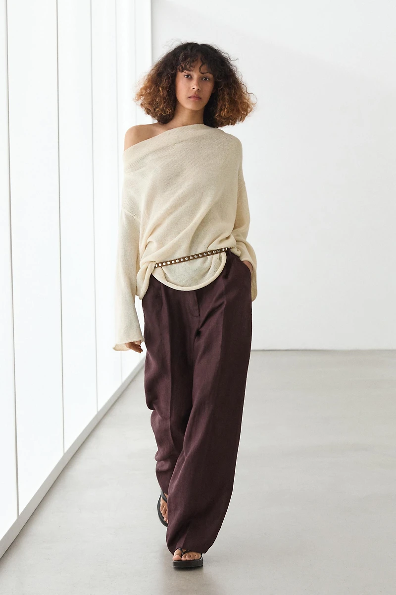 100% linen wide-leg elasticated trousers
