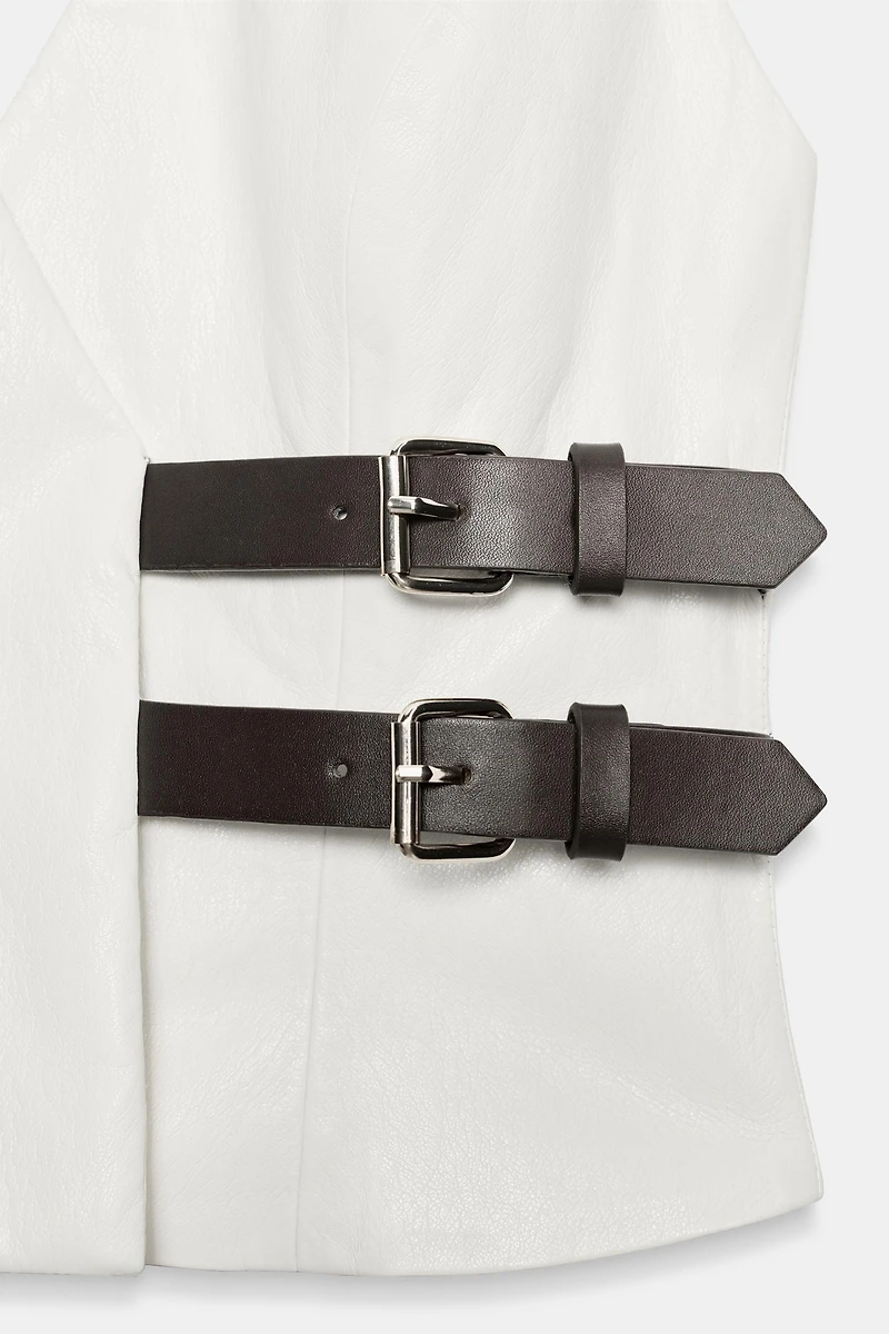 FAUX LEATHER BUCKLE HALTER TOP