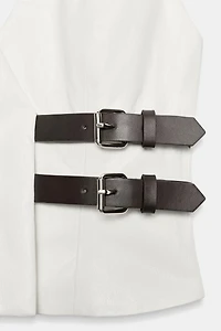 FAUX LEATHER BUCKLE HALTER TOP