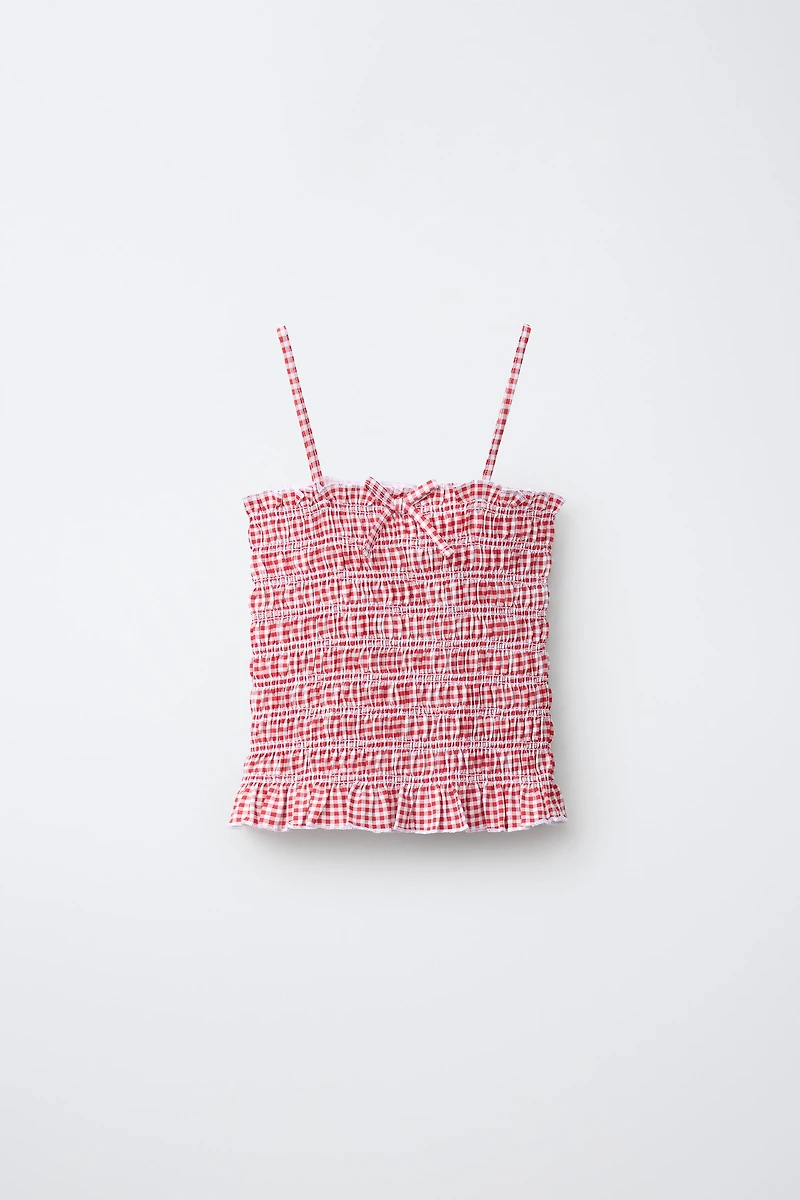 GINGHAM SMOCKED ELASTICIZED TOP