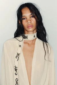 BEADED GEORGETTE SCARF SHIRT