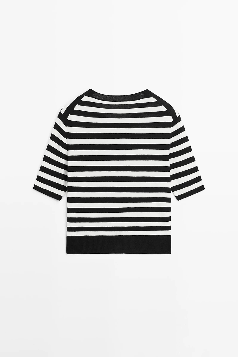 Striped short sleeve knit cardigan