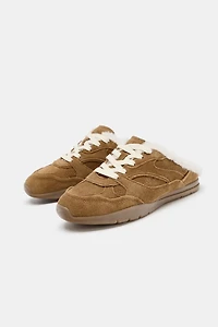 SPLIT LEATHER MULE SNEAKERS WITH FAUX FUR