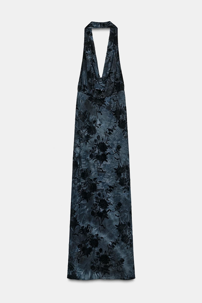 FLOCKED HALTER DRESS