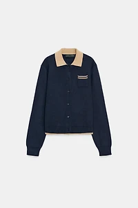 CONTRAST DOUBLE LAYER KNIT POLO CARDIGAN