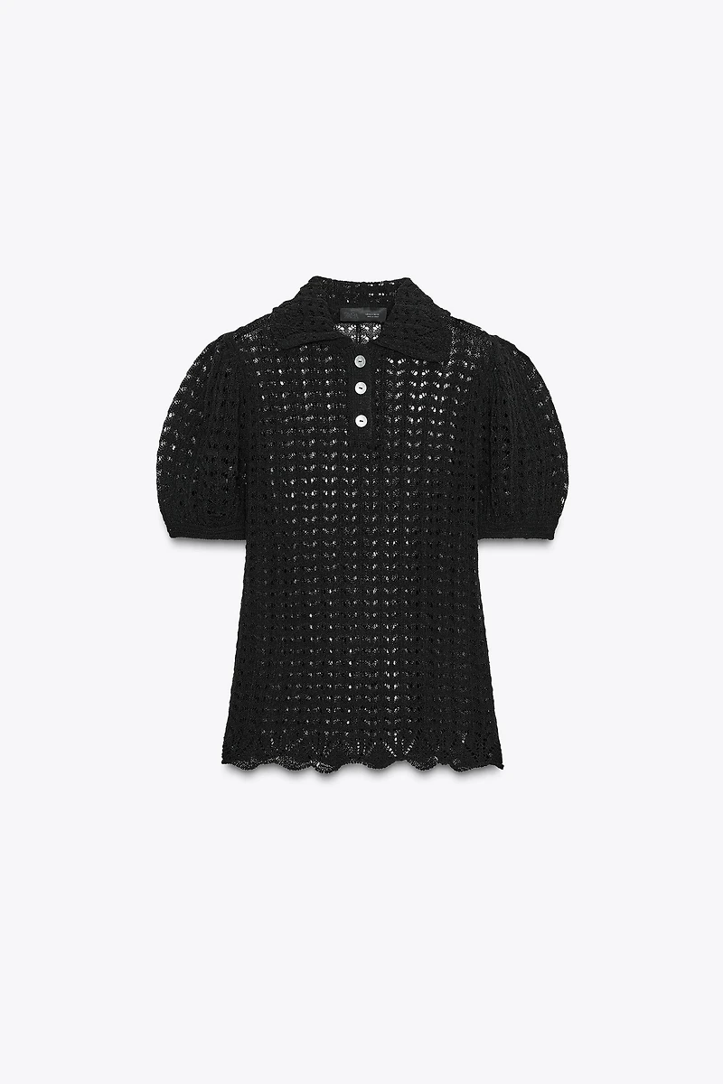 POINTELLE KNIT POLO COLLAR TOP