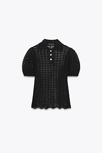 POINTELLE KNIT POLO COLLAR TOP