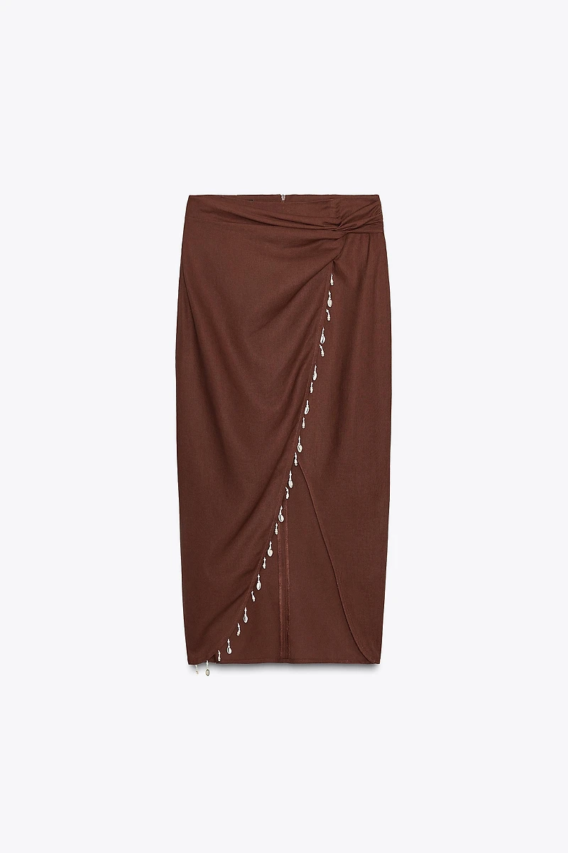 LINEN MIDI SKIRT WITH SHELLS