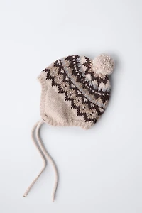 JACQUARD KNIT BONNET WITH POMPOM