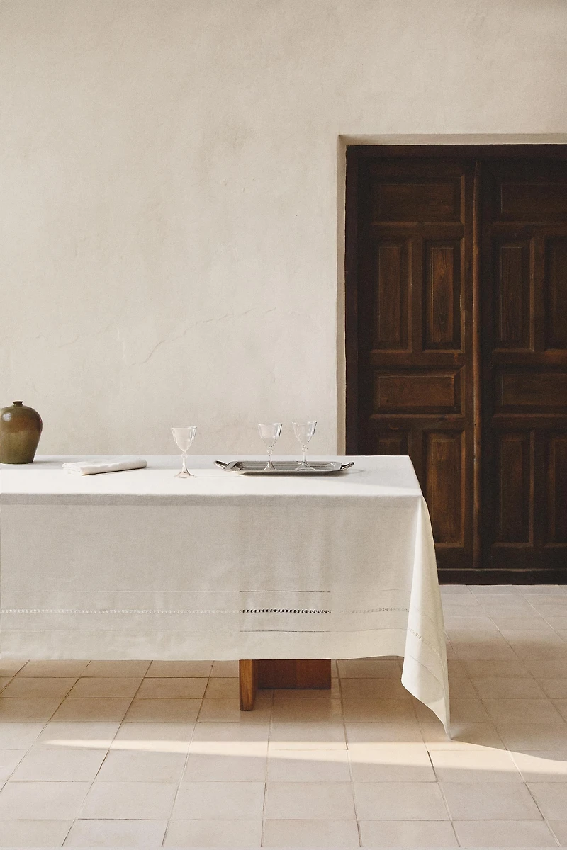 LINEN TABLECLOTH WITH HEMSTITCHED INSERTS