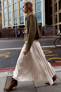 BELTED FAUX SUEDE EFFECT PLEATED MIDI SKIRT