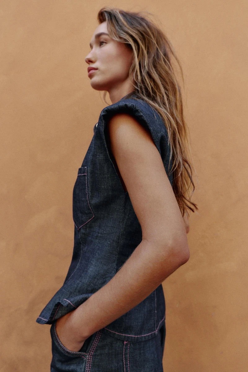 LINEN BLEND PEPLUM SHIRT WITH SHOULDER PADS