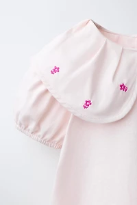 EMBROIDERED FLORAL PETER PAN COLLAR T-SHIRT