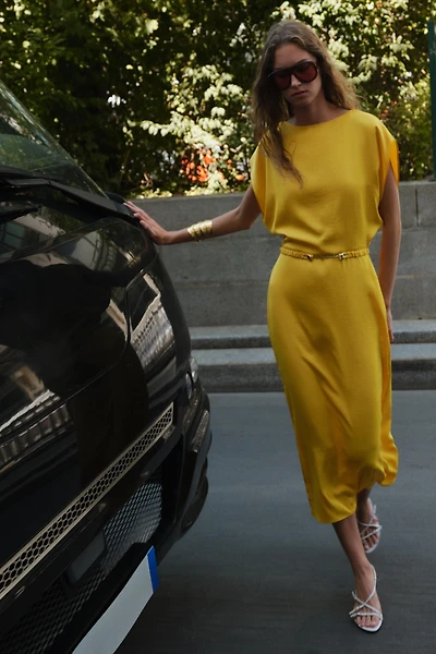 BELTED SATIN EFFECT MIDI DRESS