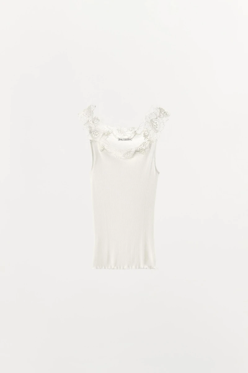 RIB KNIT LACE TOP
