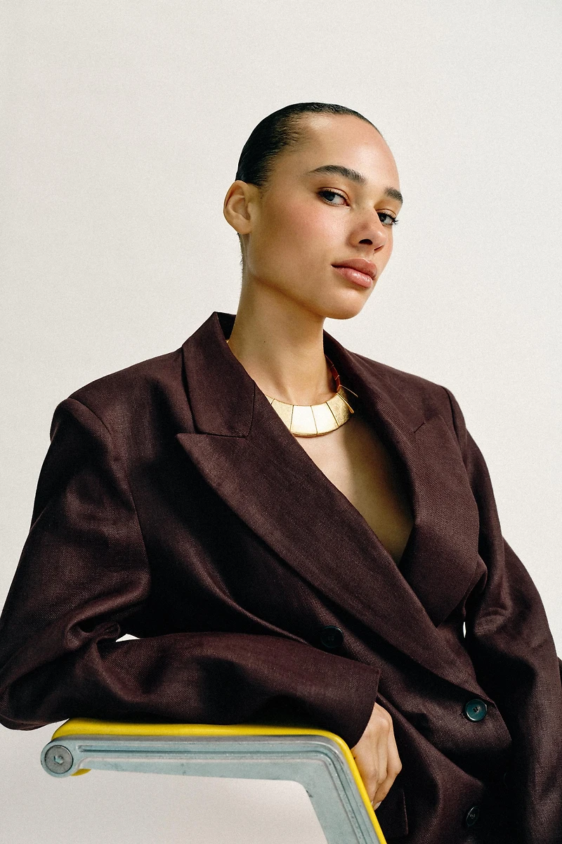 100% LINEN DOUBLE BREASTED BLAZER WITH SHOULDER PADS
