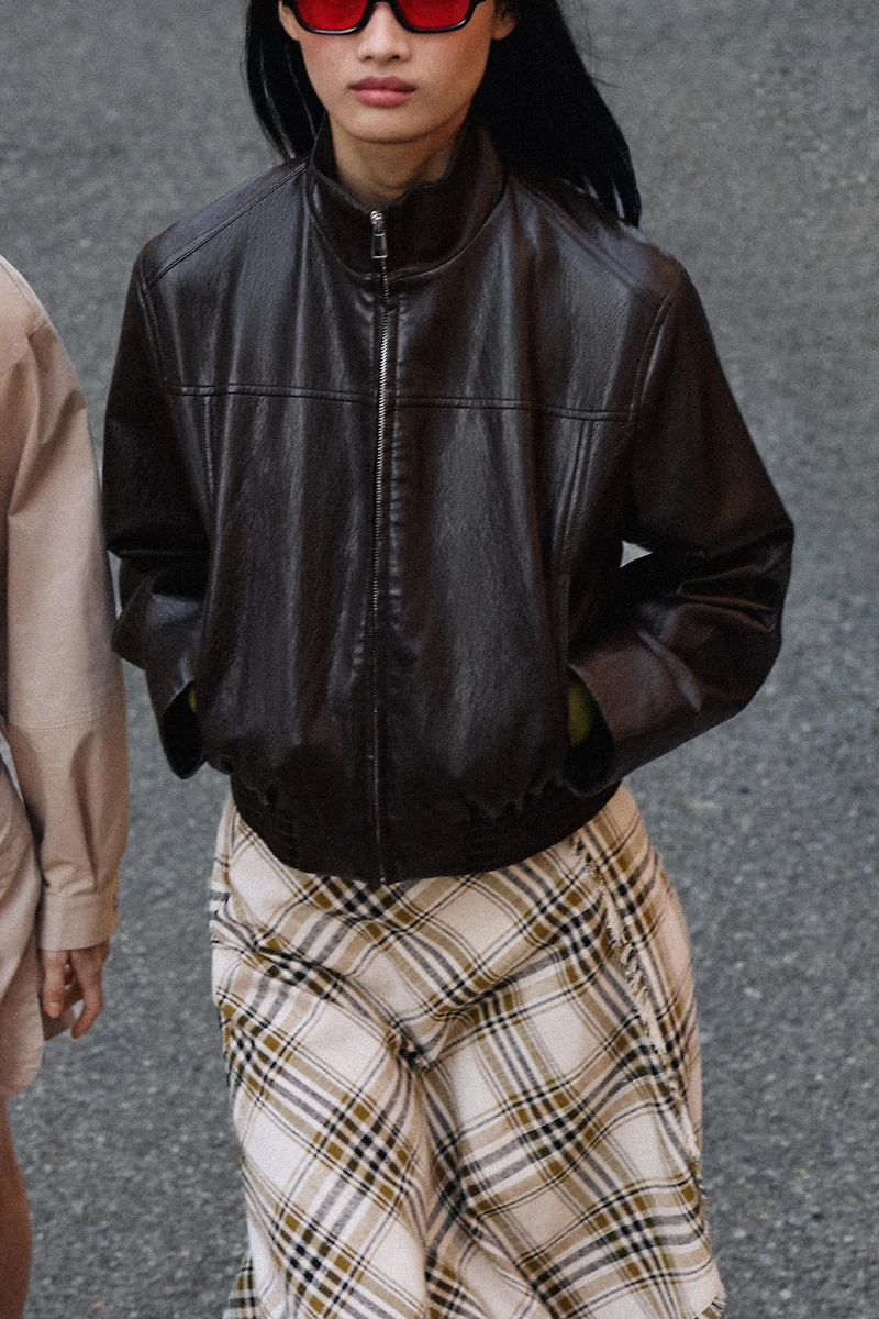 CROPPED FAUX LEATHER BOMBER JACKET