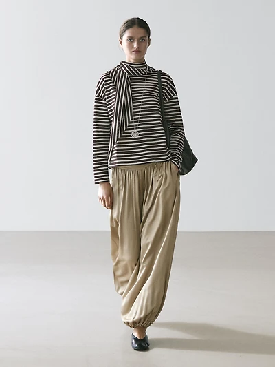 Cotton blend striped T-shirt with scarf detail