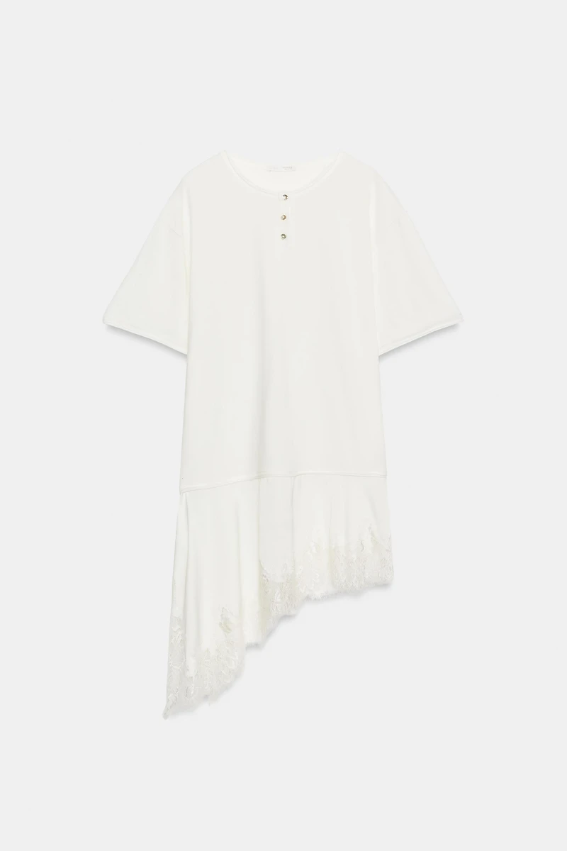 T-SHIRT EN MATIÈRES VARIÉES ET DENTELLE À COL TUNISIEN