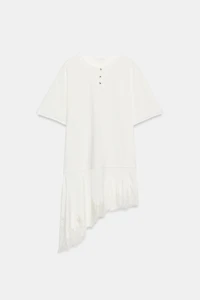 T-SHIRT EN MATIÈRES VARIÉES ET DENTELLE À COL TUNISIEN
